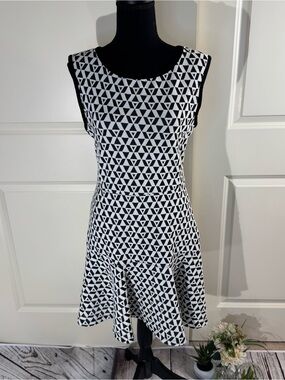 Heather Black & White Geometric Sleeveless Fit-and-Flare Dress Small